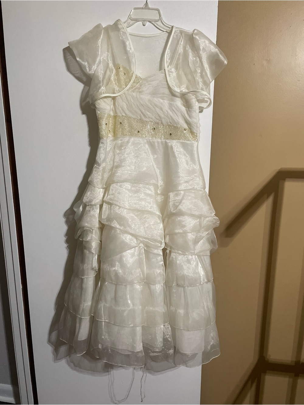 Ivory Ruffled Tulle Girls' Party Dress with Beaded Waist